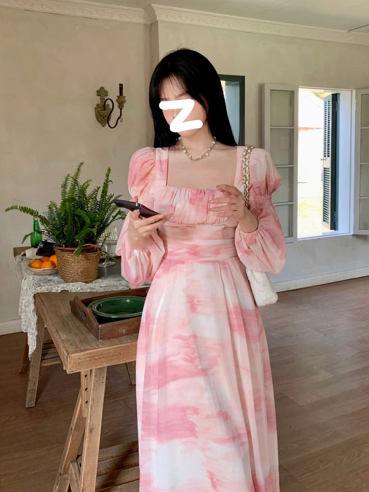 Aiertu Chiffon Long Sleeve Floral Midi Dress Chic French Slim Elegant Women Dress Casual Fashion Beach Style Office Lady Dresses Aiertu