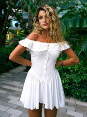Aiertu-2024 Women's French vintage single-breasted lace ruffle one-shoulder dress. summer. new style. Chic mini skirt. Aiertu