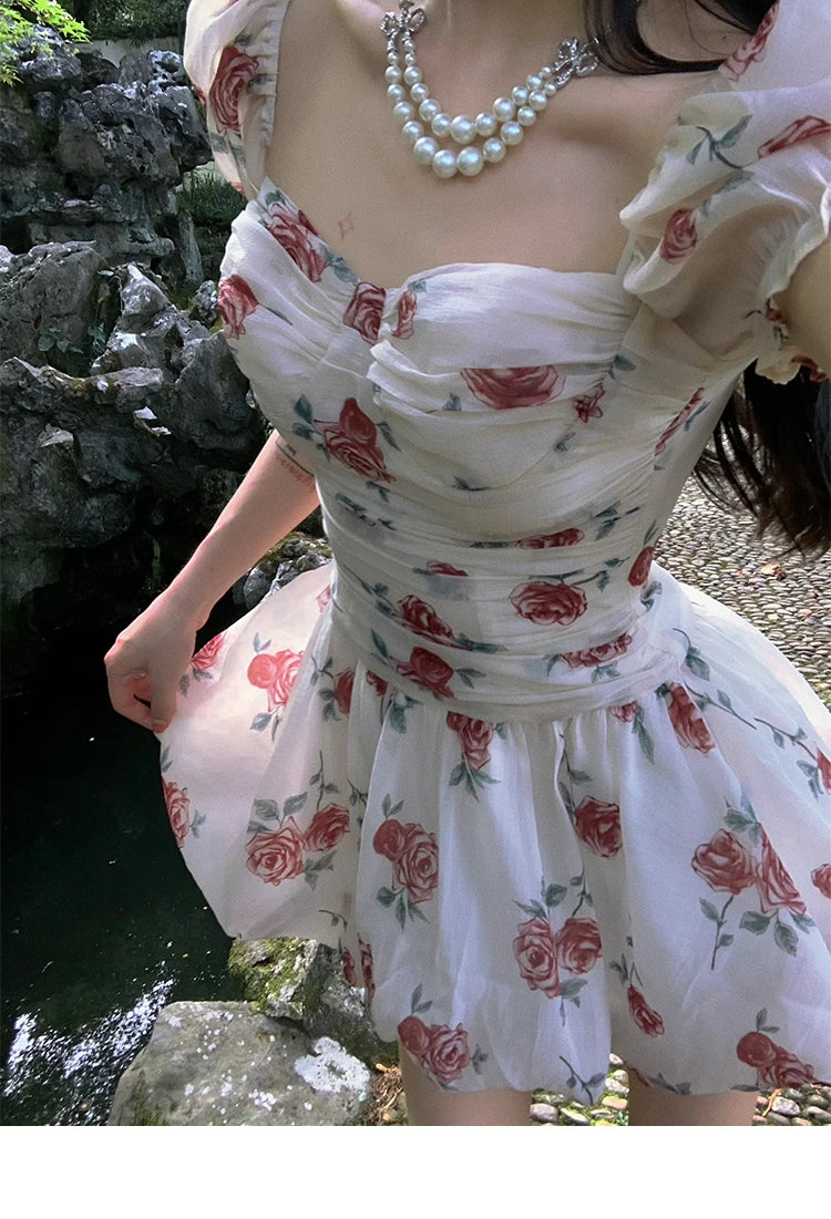 Aiertu Sweet Floral Sexy Strap Dress Women Folds Designer Casual  Mini Fairy Dress Female 2024 Summer Puff Sleeve Korean Princess Dress Aiertu