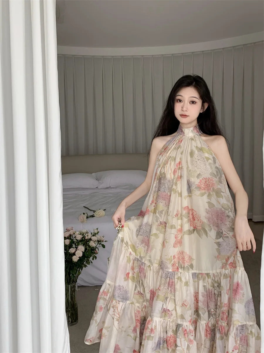 Aiertu Women Elegant Floral Print Maxi Dresses Summer New Fashion Sleeveless Loose Ruffle Y2k Dress Beach Birthday Party Robe Aiertu