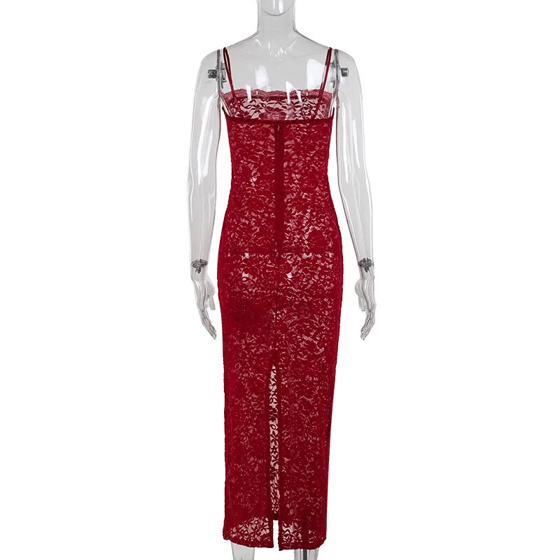 AIERTU  -  Vintage Lace Spaghetti Strap See Through Bodycon Split Summer Long Dress Women Evening Party Sexy Slim Fit Vestidos Aiertu