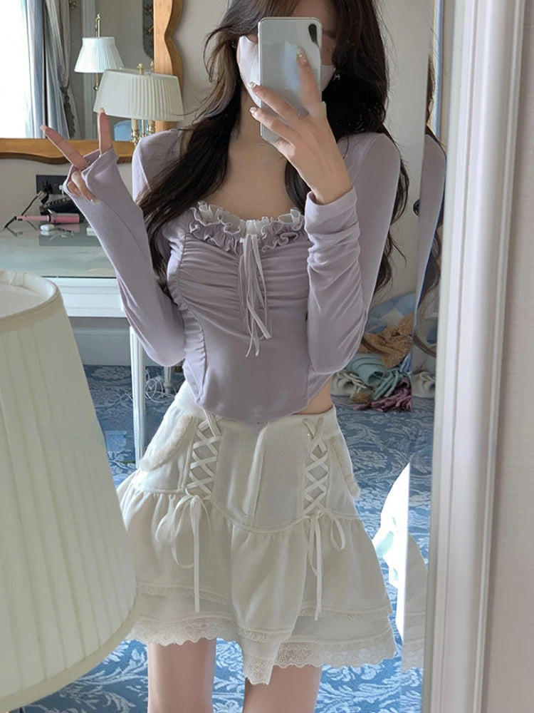 Aiertu 2024 Summer Lace Y2k Basic Crop Tops Women Pure Color Slim Korean T-shirt Fashion Office Lady Casual Clothing Female Design Sexy Aiertu