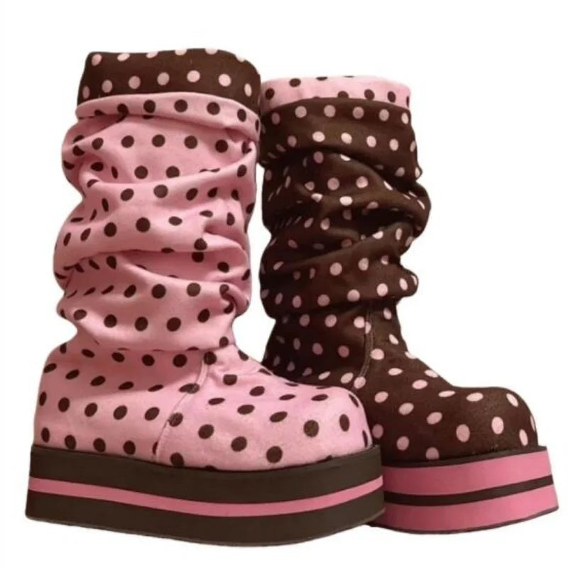 AIERTU  -  Chocolate Pink Polka Dot Thick Soled Pleated Middle Tube Pile Boots Cute Sweet Girl's Short Boots Women Shoes Aiertu