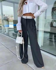 Aiertu  Women Fashion Side Pockets Patchwork Straight Pants Vintage High Waist Zipper Fly Female Casual Trousers Mujer Aiertu
