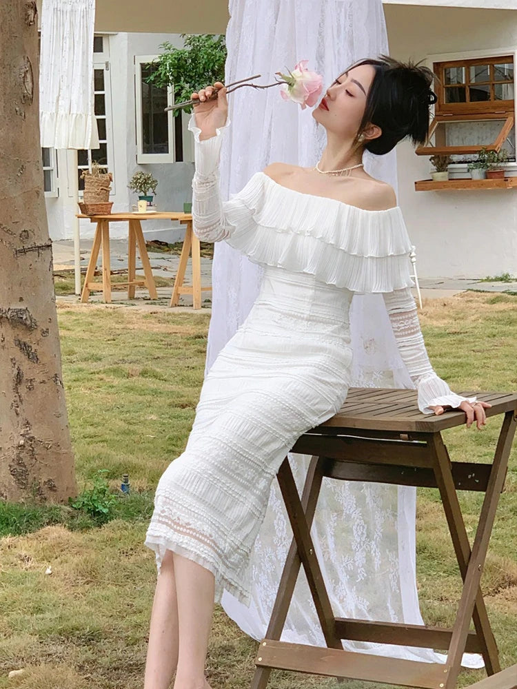 Aiertu White Elegant Vintage Midi Dress Women Ruffles Sexy Beach Party Bodycon Dress Female Silm One Piece Dress Korean Summer Y2k Aiertu