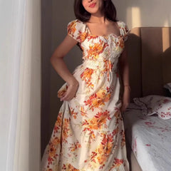 AIERTU  -  Floral Print Long Dress Women Y2K Square Neck Waist Cinching Spring European American Gentle Pastoral Style Maxi Dress Aiertu