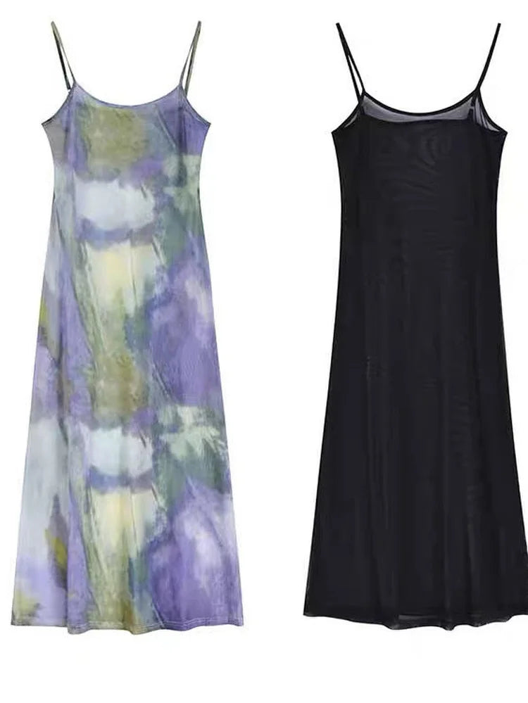 Aiertu Vintage Tie Dye Print Mesh Dress Women Sexy Y2k Spaghetti Strap Maxi Dresses Korean Fashion 2 Piece Set Robe Vestidos Aiertu