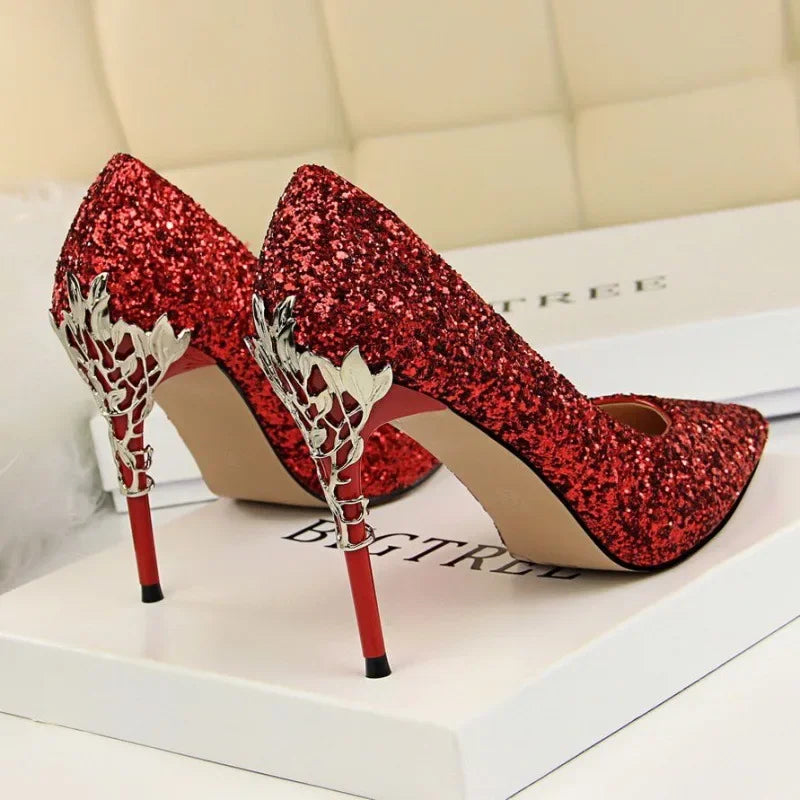 Aiertu 2024 Spring Summer New Crystal Sequins Bride Shoes High Heels Women's Fine Heel Versatile Pointed Toe Gown Single Shoes Aiertu