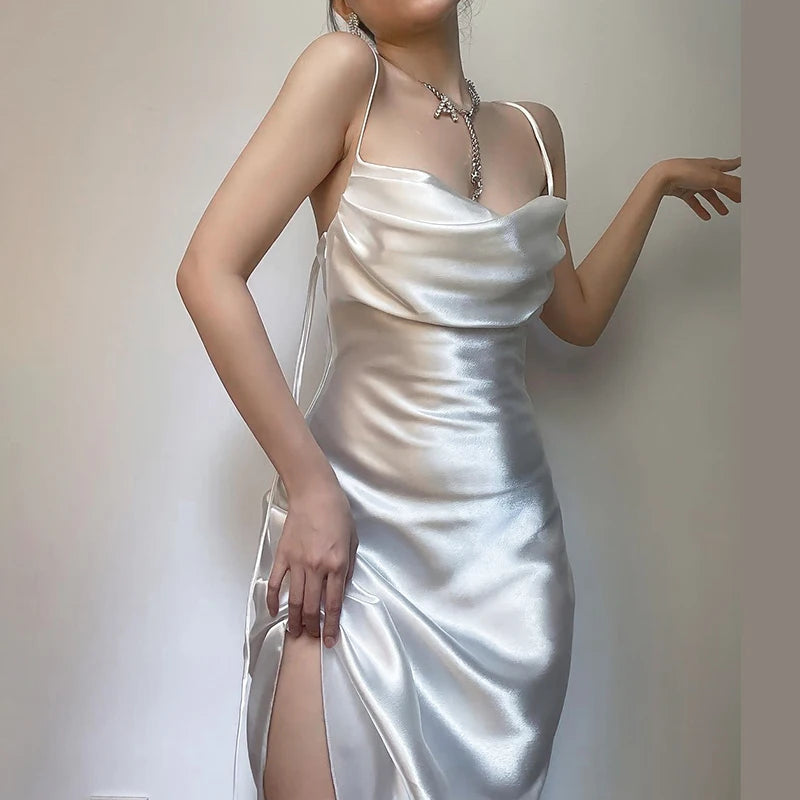 Aiertu 2024 New Slim Fit Long Dress With European And American Style Lrregular Casual Strap Satin Dress For Women Aiertu