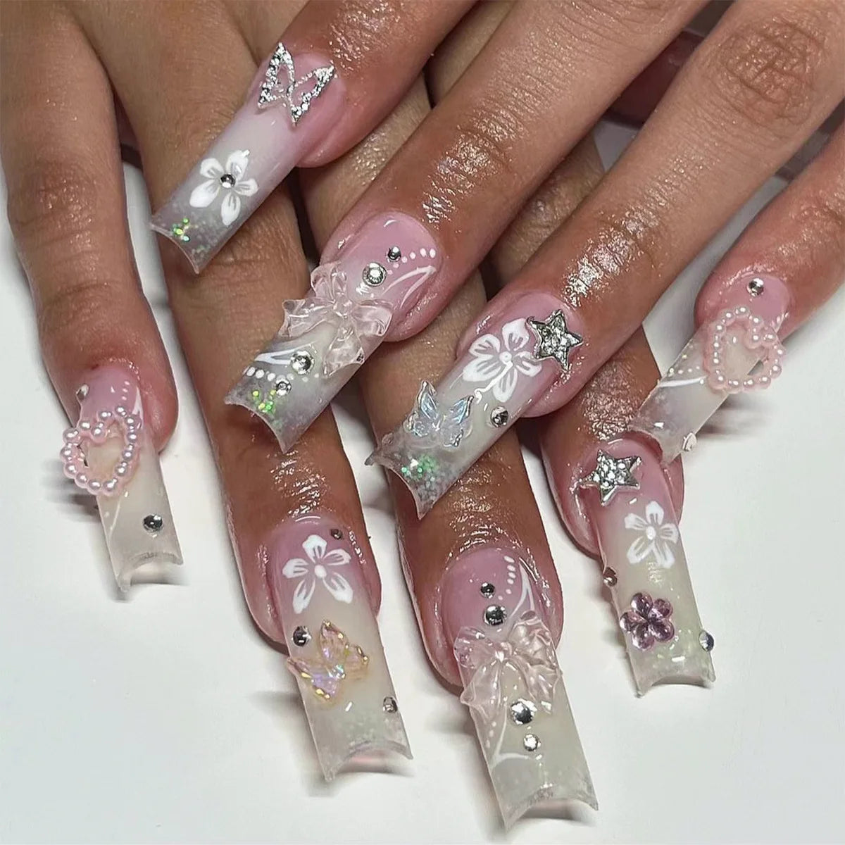Aiertu 24Pcs Long Ballet False Nails with Bow Designs Pink Coffin Press on Nails Wearable French Fake Nail Full Cover Manicure Tips Aiertu