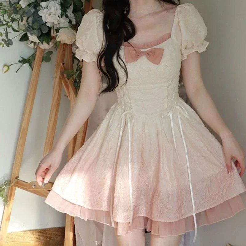 Aiertu Bubble Sleeve Kawaii Lolita Mini Dress Women Pink Bow Princess Sweet Party Cute Dress A-Line Elegant Fairy Dress 2024 Spring New Aiertu