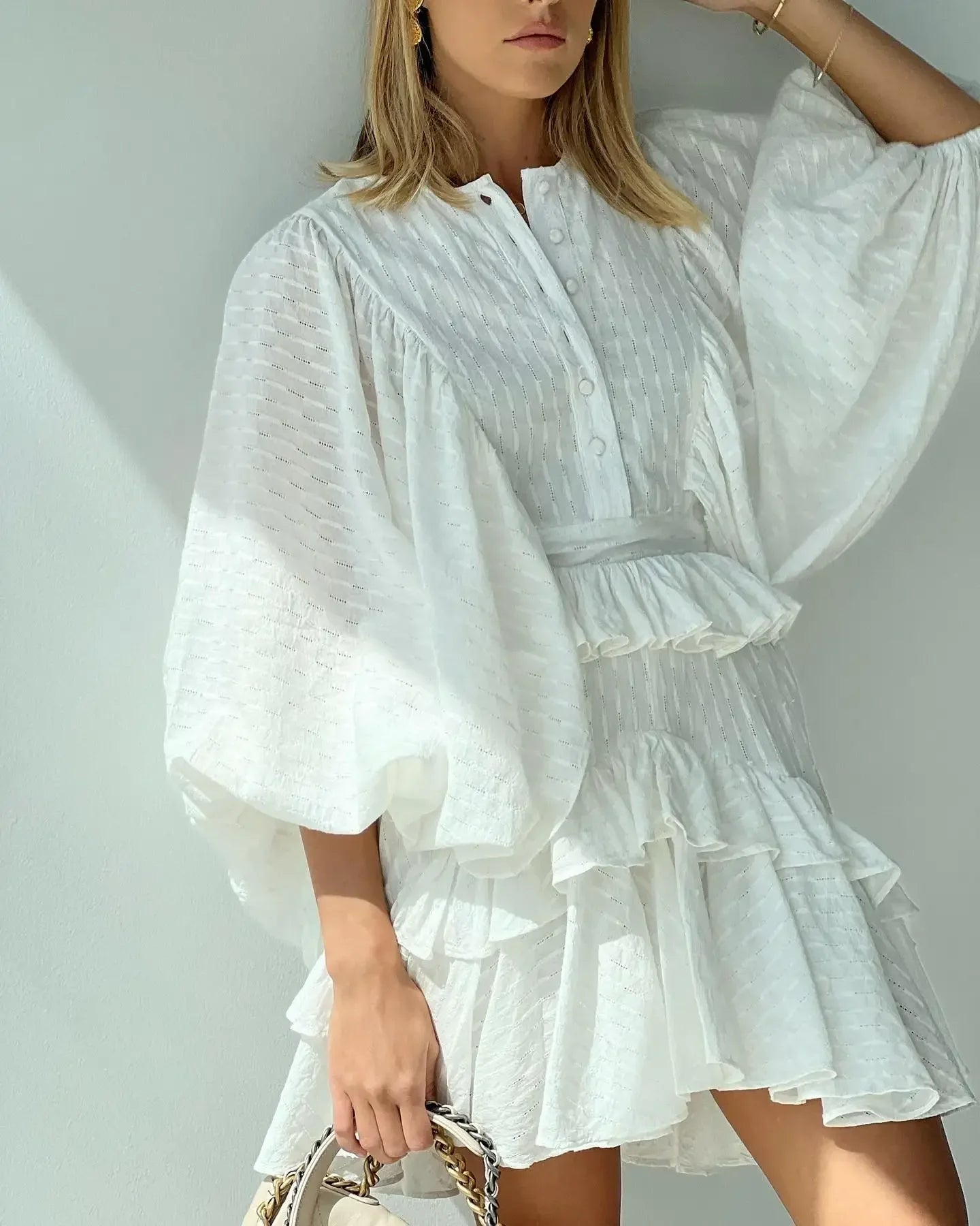 Aiertu Elegant Solid Ruffles Spliced Mini Dress For Women O Neck Long Lantern Sleeve Pleated Vestidos Summer Lady Party Street Dresses Aiertu