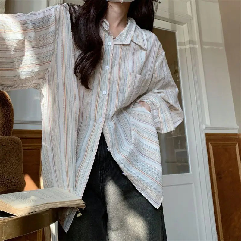 Aiertu Vintage Striped Shirt Women Fashion Elegant Long Sleeve Turn Down Collar Loose Tops Korean Office Ladies Thin Chic Casual Blouse Aiertu
