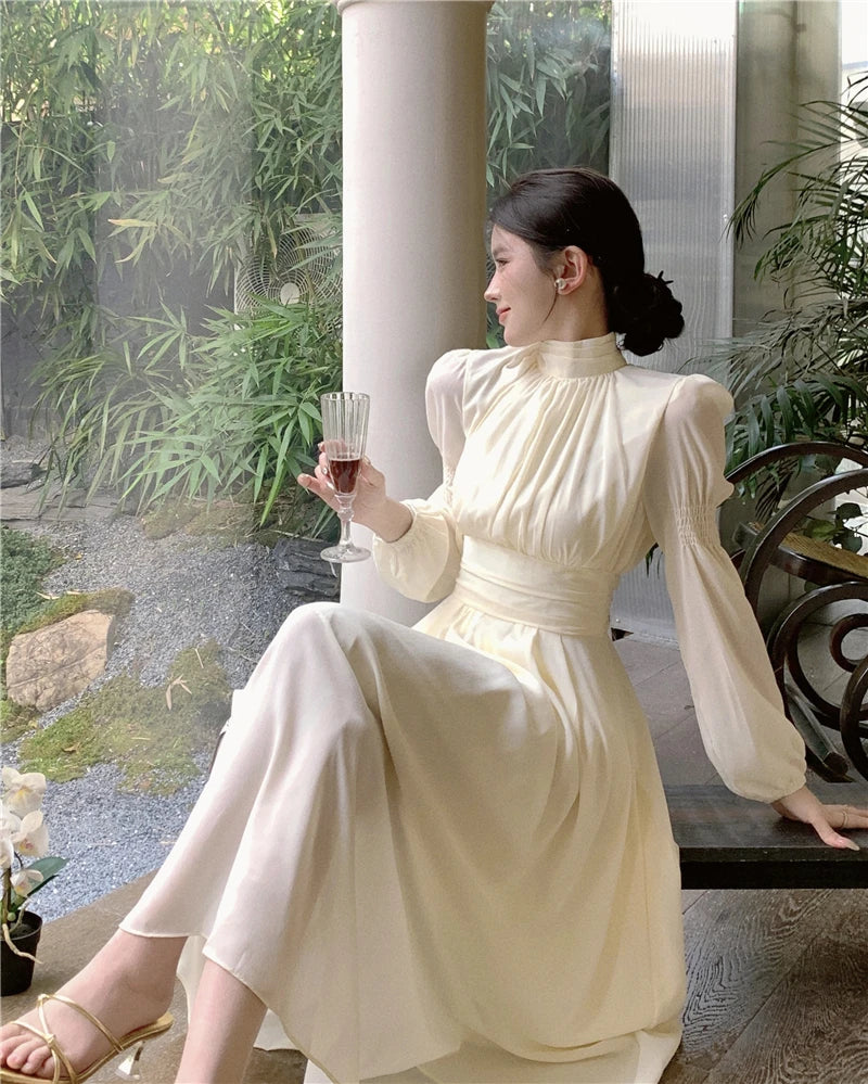 Aiertu Fashion New Women Elegant Casual Long Dress Autumn Vintage A-Line Solid Party Birthday Dresses Female Clothes Robe Vestidos Aiertu