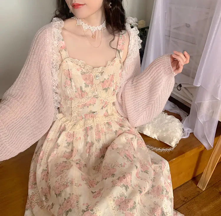 Aiertu Chiffon Lace Strap Dress Women Floral Embroidery Fairy Vintage Long Dress Female Sweet Princess Casual Party Dresses Summer Aiertu