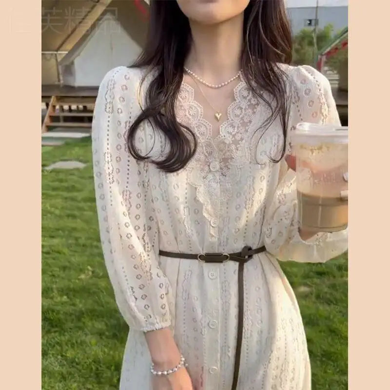 Aiertu 2024 Spring Elegant Lace Fairy Dress Women Button Design Vintage Long Sleeve Shirt Dress Office Lady Casual Fashion Korean Dress Aiertu