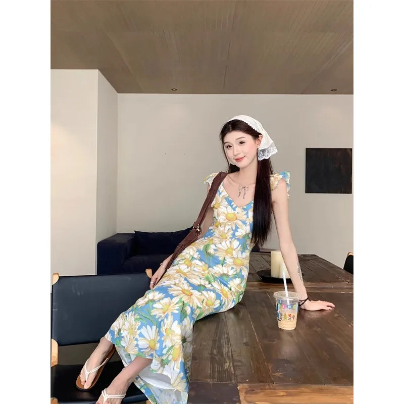 Aiertu 2024 Korean Chic Summer Dress Vintage Elegant Print Ruffles V Neck Off Shoulder Beach Dress Chiffon Dresses Long Aiertu