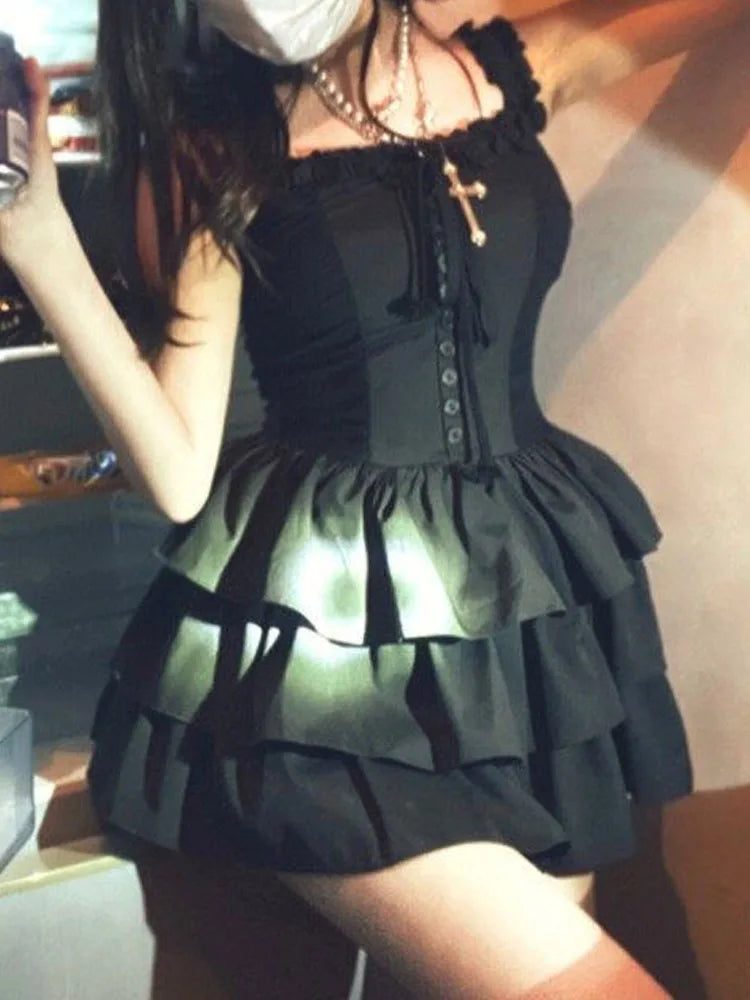Aiertu Gothic Goth Harajuku Sexy Slip Dress Ruffles Y2k Streetwear Dark Punk Cake Dresses Party Korean Fashion  Summer Aiertu