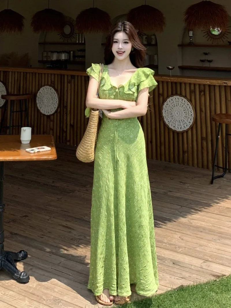 AIERTU  -  Summer Women's New Tea Break French High Waist Dress with High Grade Sensation, V-neck Floral Resort Style, Exquisite Long Dress Aiertu