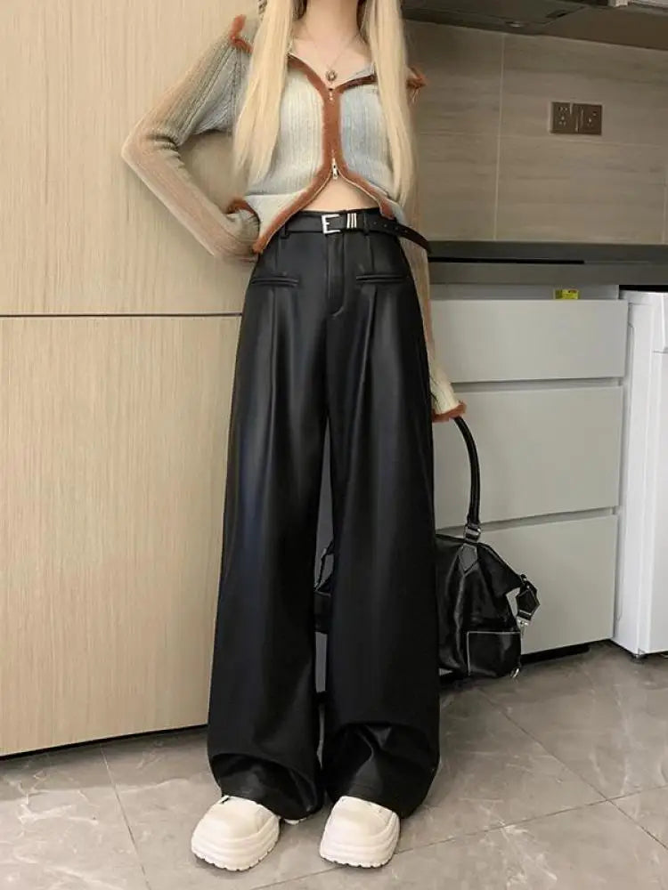 New White Casual Fashion Female Pu Wide Leg Pants Winter Black Office Lady Loose High Waist Simple Women Brown Leather Trousers Aiertu