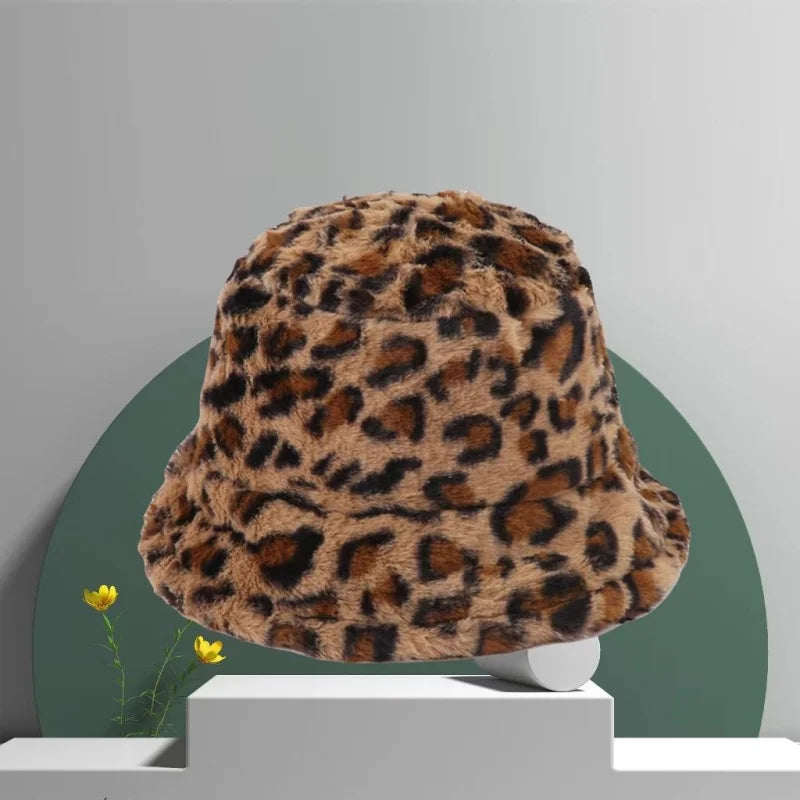 AIERTU  -  Leopard Print Faux Fur Bucket Hat Women Winter Warm Plush Fluffy Fisherman Cap Fashion Trendy Vintage Soft Cozy Wide Brim Hat Aiertu
