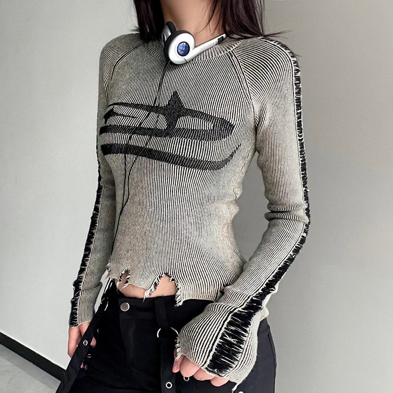 Aiertu Vintage Ripped Stitched Sweater Pullovers Harajuku Print Full Sleeve Jumpers for Women Autumn Winter Knitwears Streetwear Aiertu