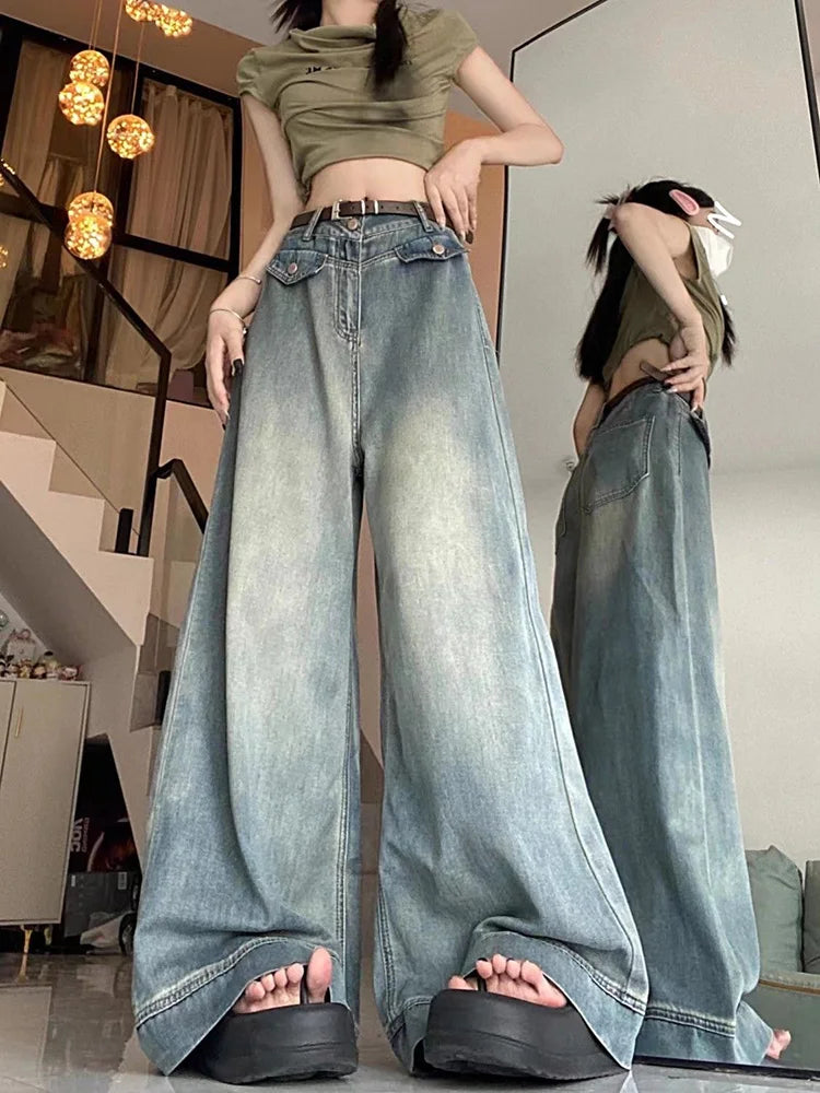 Aiertu Spring Women Vintage Y2k Baggy Jeans High Waist Oversized American Trouser Denim Wide Leg Streetwear Straight Basic Pants Aiertu