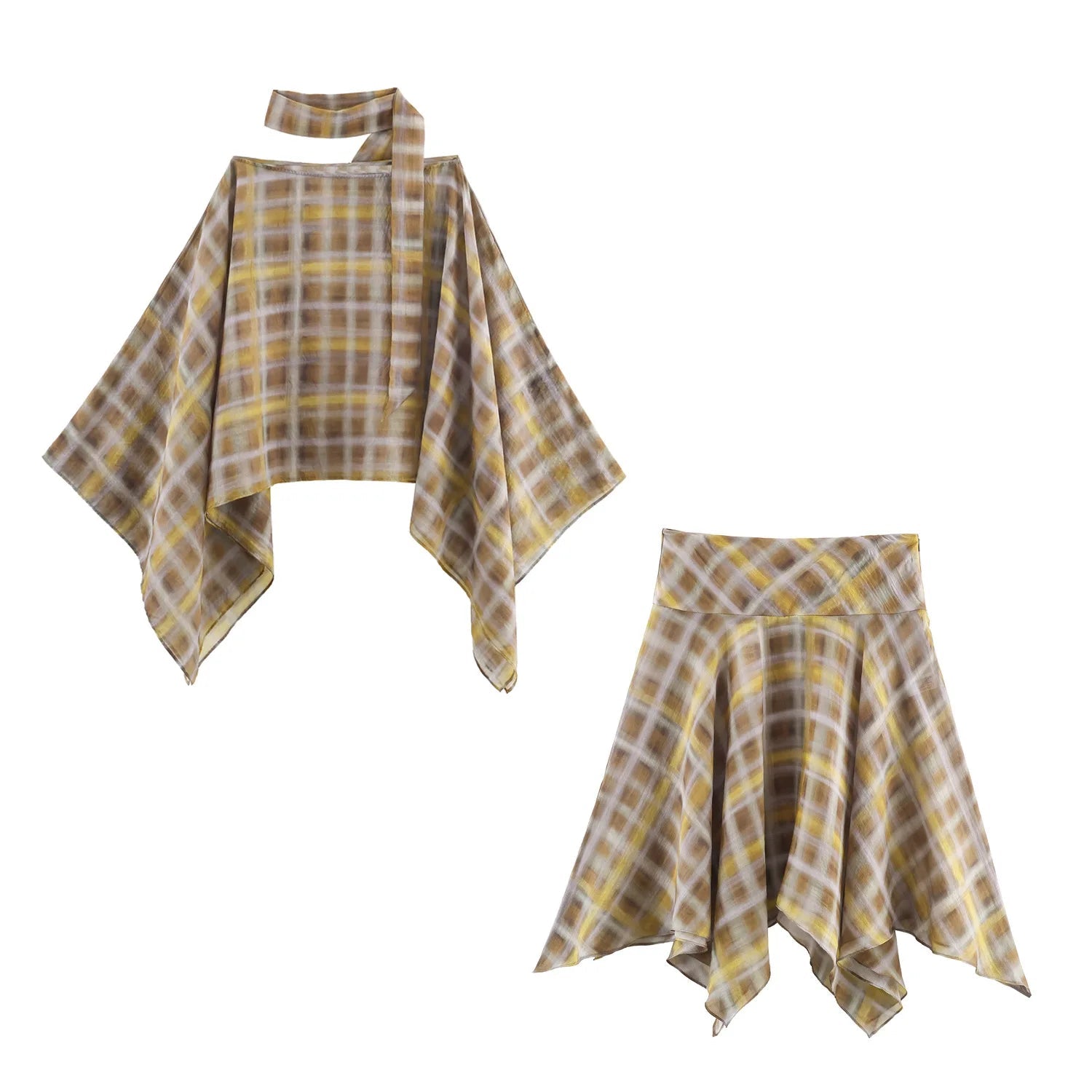 AIERTU  -  Women's Suit Matching Sets Plaid Scarf Cape Midi Skirt Vacation Casual Skirt Two-piece Set New In Matching Sets Releases In Sets Aiertu