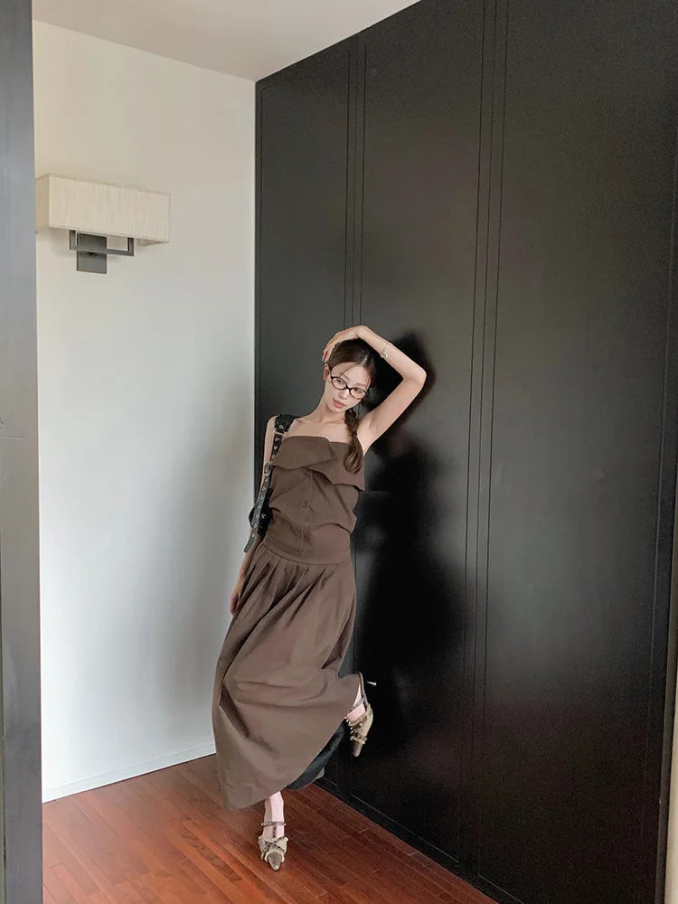 Aiertu Vintage Spice Girl Designer Dress Women Summer New Y2k Strapless Party Dress Female Solid Slimming Puffy Pleated Midi Dress 2024 Aiertu