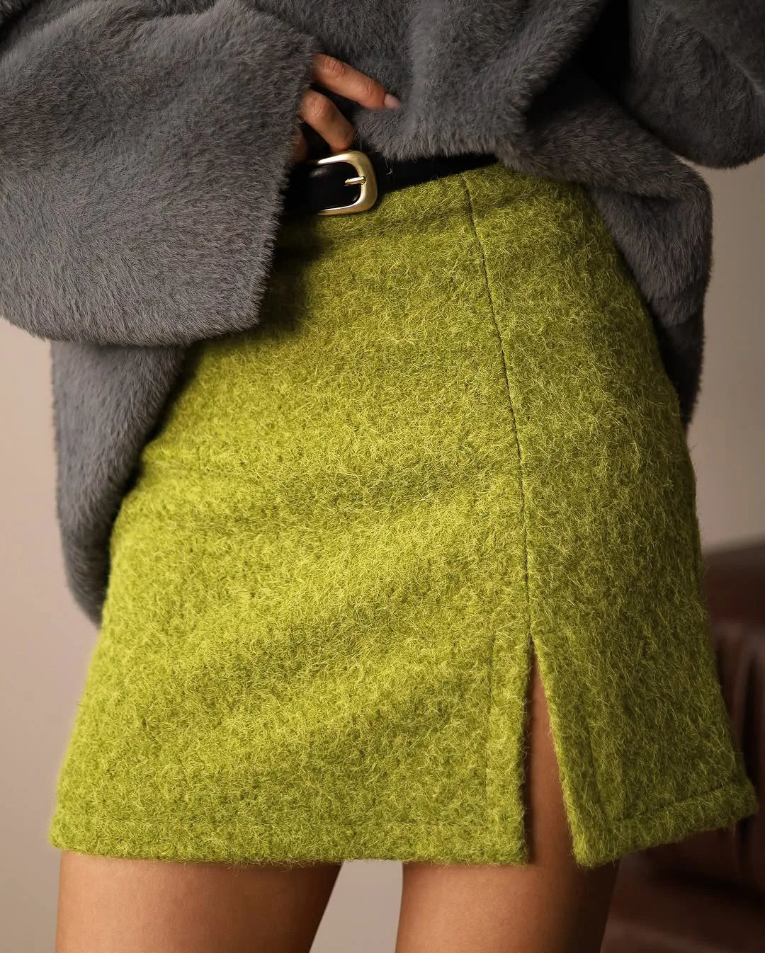 AIERTU  -  Women Knit Mini Skirt High Waist Front Split Bodycon Short Skirt Solid Green Slim Fit Pencil Skirt Fall Winter Bottoms Aiertu