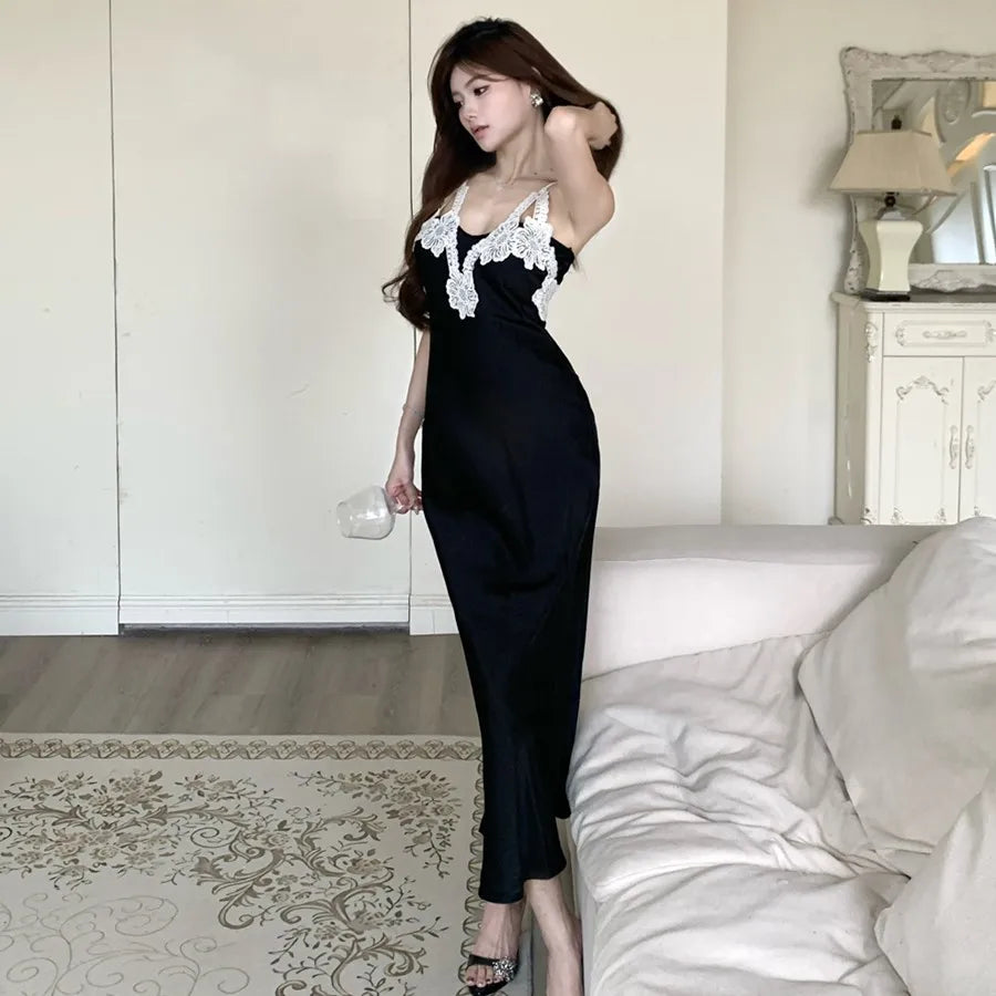 AIERTU  -  Summer French Elegant Fashion Long Dress Women's Backless Sexy Black Spaghetti Strap Party Dress Beach Holiday Bodycon Dress Aiertu