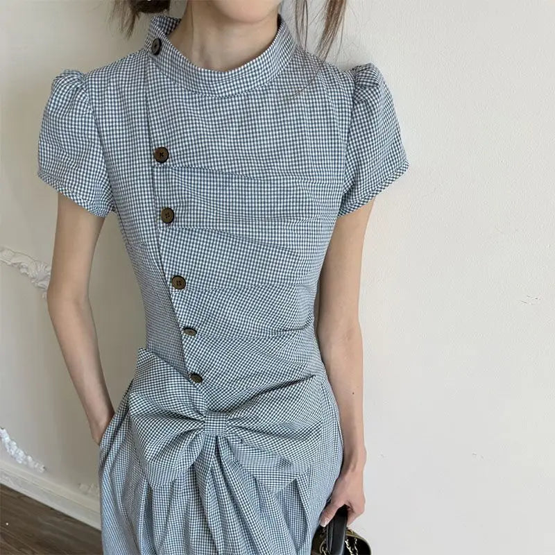AIERTU  -  Retro Plaid Mid-neck Dress Women's Summer Short-sleeved Waist Big Bow Long Dress Aiertu