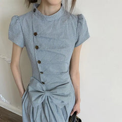 AIERTU  -  Retro Plaid Mid-neck Dress Women's Summer Short-sleeved Waist Big Bow Long Dress Aiertu