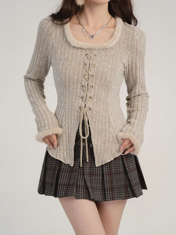 Aiertu Bandage Drawstring Knitted Cardigan Women Autumn Winter Vintage Split Cardigans Korean Fashion Y2k Sweaters Bottoming Shirt Top Aiertu