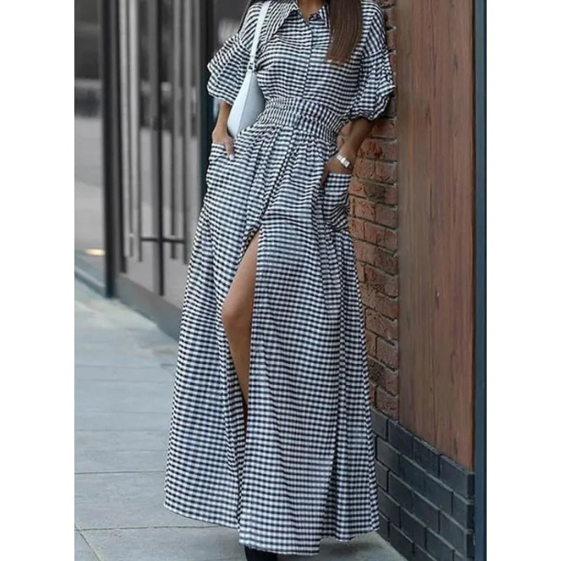 AIERTU  -   Women's New Christmas Elements Green Red Plaid Long Casual Fashion Shirt Dress Long Dress Aiertu