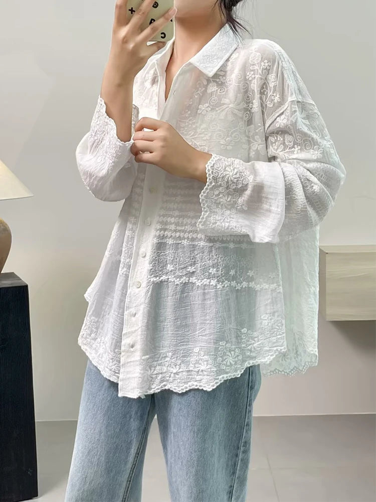 Cotton Floral Embroidery Long Sleeve Loose Tunic Shirt Vintage Retro Chic Rococo Victorian Edwardian Classy Youth Blouse Smock Aiertu