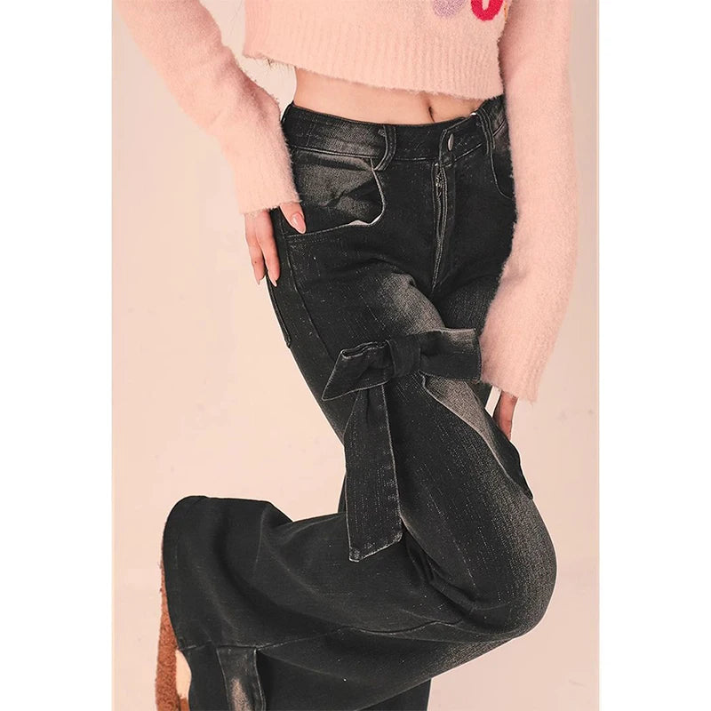 Aiertu Women's Black Gothic Bow Flare Jeans Harajuku Aesthetic Y2k Denim Trousers High Waist Cowboy Pants Vintage 2000s Trashy Clothes Aiertu