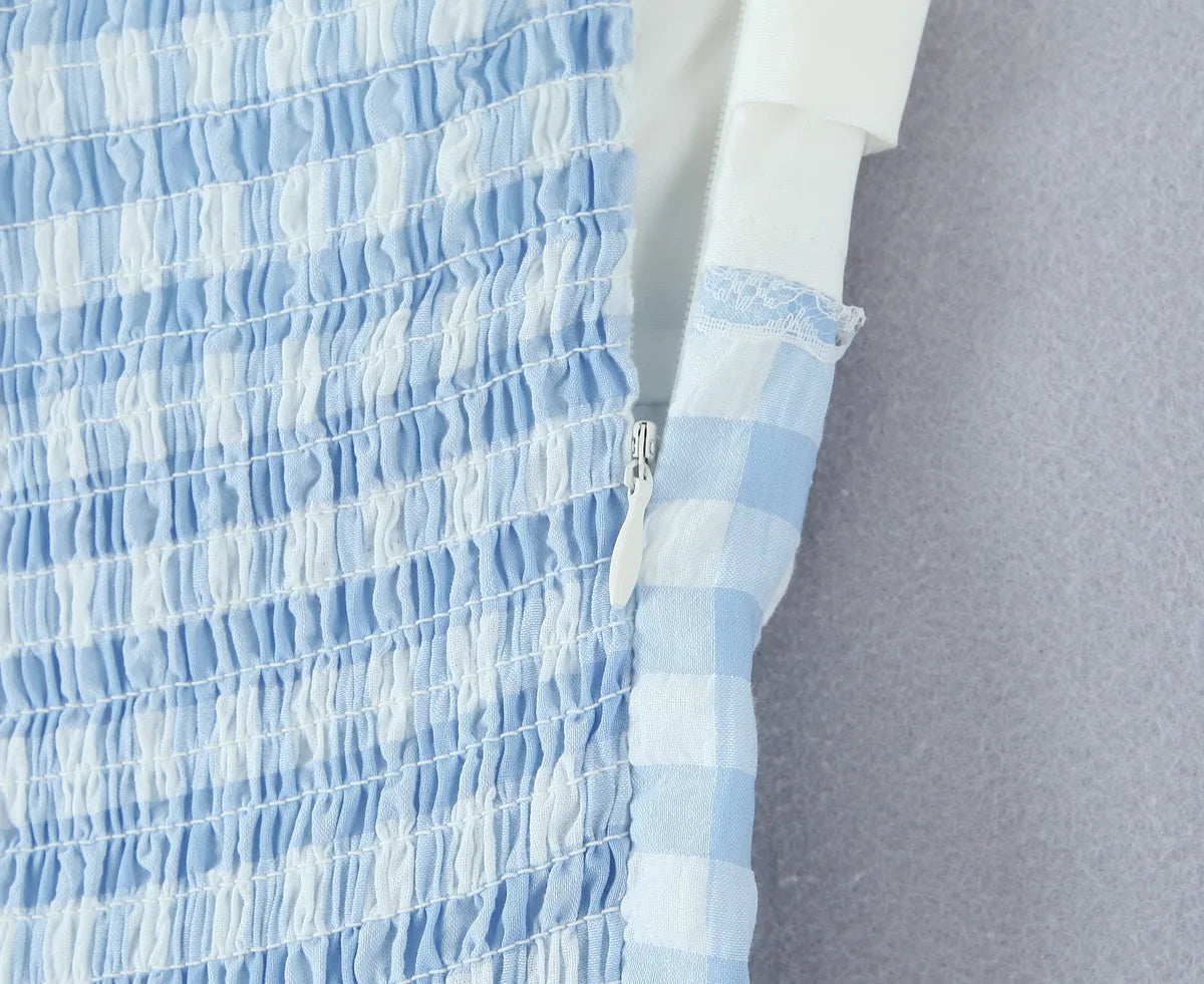 AIERTU  -  Blue Gingham Halter Mini Dress Women Y2K Ruffle Bustier Puff Balloon Hem Party Dress Aiertu