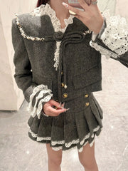 Aiertu Small Fragrant Autumn Sweet Single Breasted Lace Ruffles Jacket + High Waist Pleated Skirt Two Peice Set for Women Matching Sets Aiertu