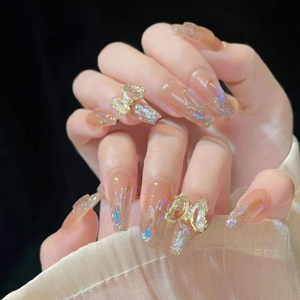 Aiertu 24Pcs Valentine Nails Press on Love Y2k Acrylic Nails Sparkle Butterfly French Cat Eye Almond Full Cover Stick on False Nail Tip Aiertu