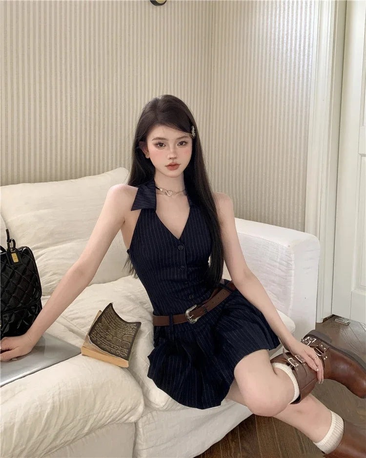 Aiertu 2024 Summer Woman Fashion V-neck Sleeve Striped Dress Clothing High Waist A-line Summer Vestido Female Pleated Y2k Mini Dresses Aiertu