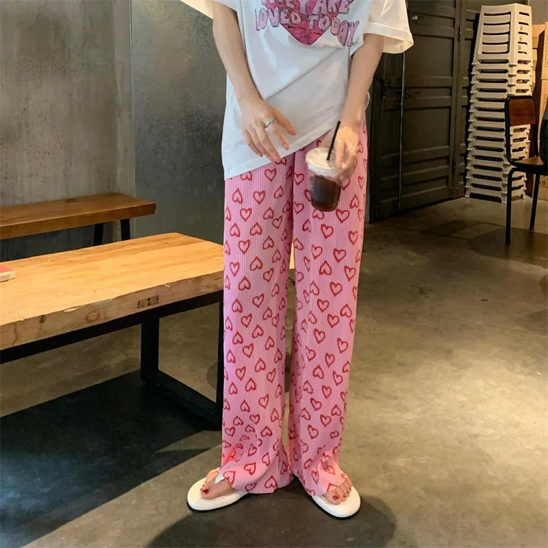 Aiertu Harajuku Y2K Pink Pants Heart Printed Sweet Trousers Vintage Aesthetic Party Pants Pockets Joggers Outfits Women New Streetwear Aiertu