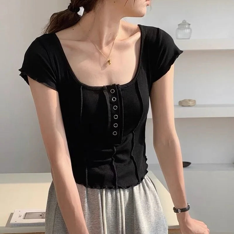 Aiertu T-shirts Women Skinny Inside Korean Fashion Spring Sexy Ladies Daily Long Sleeve Minimalist Solid Simple Chic Cozy Crops Design aiertu