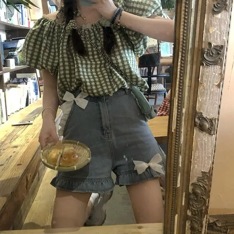 Aiertu Japanese Lolita Soft Girl Denim Shorts Female Student Spring Summer High Waist Lace Bow A- Line Wide Leg Shorts Jeans Hot Pants Aiertu