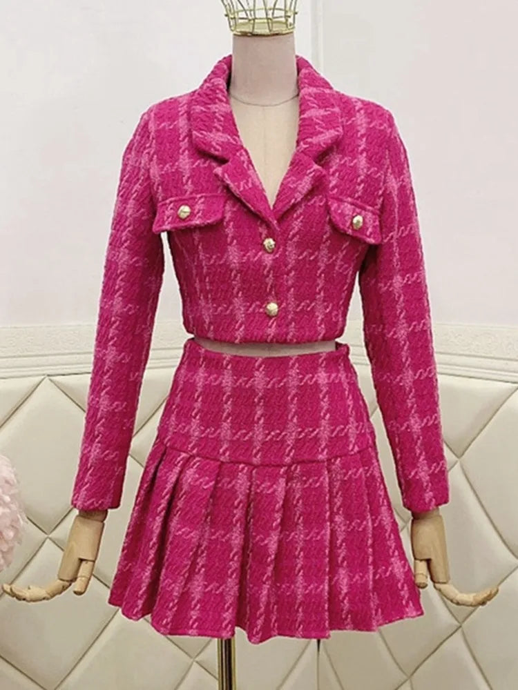Aiertu Fall Small Fragrance Vintage Tweed Two Piece Set Women Crop Top Woolen Short Jacket Coat + Mini Skirts Sets Sweet 2 Piece Suits Aiertu