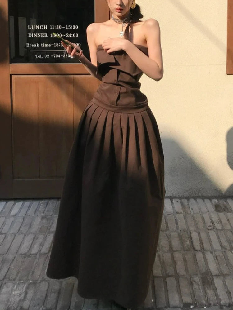Aiertu Vintage Spice Girl Designer Dress Women Summer New Y2k Strapless Party Dress Female Solid Slimming Puffy Pleated Midi Dress 2024 Aiertu