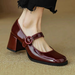 Women Pumps Thick Heels Spring Patent Leather Mary Janes Genuine Leather Round Toe Buckle Strap Retro Office Lady Shoes Woman Aiertu