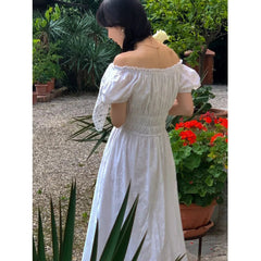 AIERTU  -  Retro Korean Style U-Neck Bubble Sleeve White Dress Women's Summer New Waist Cinched Maxi Freshwater Pearl Dress Aiertu