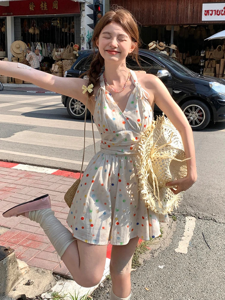 Aiertu 2024 Summer Sweet Y2k Mini Dress Women Casual Sleeveless Dot Short Party Dress Beach Style One Piece Dress Korean Fashion Chic Aiertu