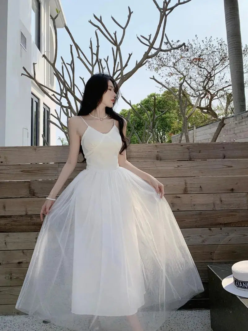 Aiertu Sleeveless Dress Women Mesh Long A-line Black Retro Elegant V Neck Fairy Sexy Pleated Sundress Summer Evening Party Ball Gown Aiertu